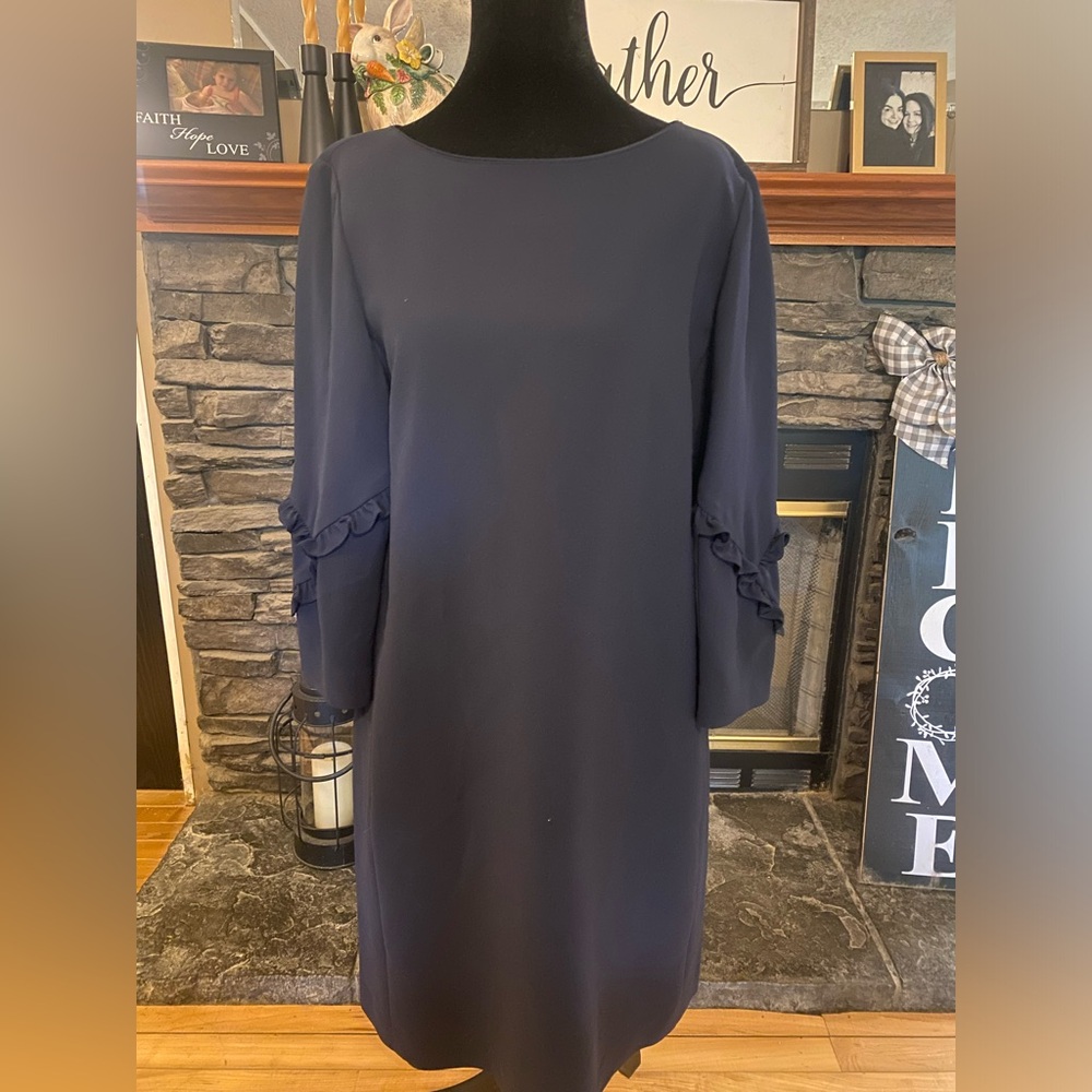 Lafayette 148 New York Navy Ruffle-Accent Long Sleeve Shift Dress